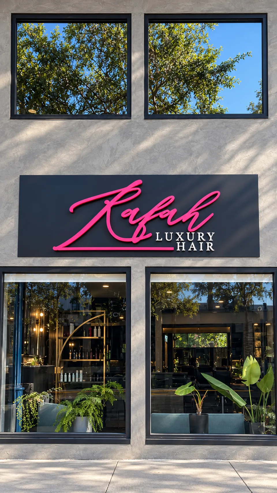 Rafah Luxury Hair pink script lettering on a dark storefront sign