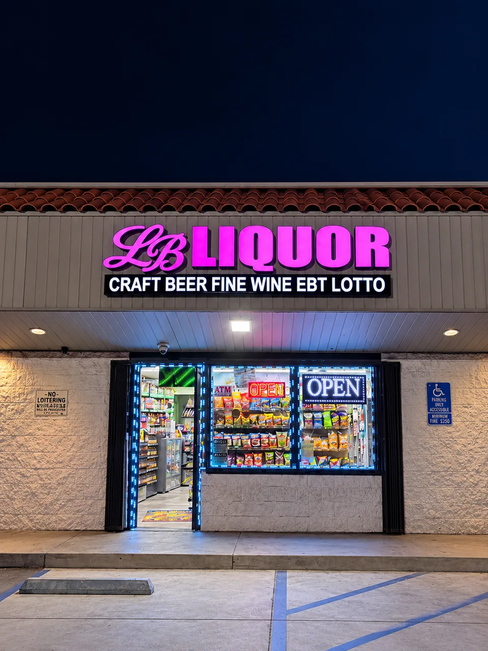 LB Liquor pink face-lit letters above the storefront