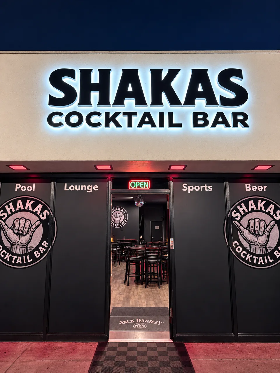 Shakas Cocktail Bar opaque letters with white halo lighting