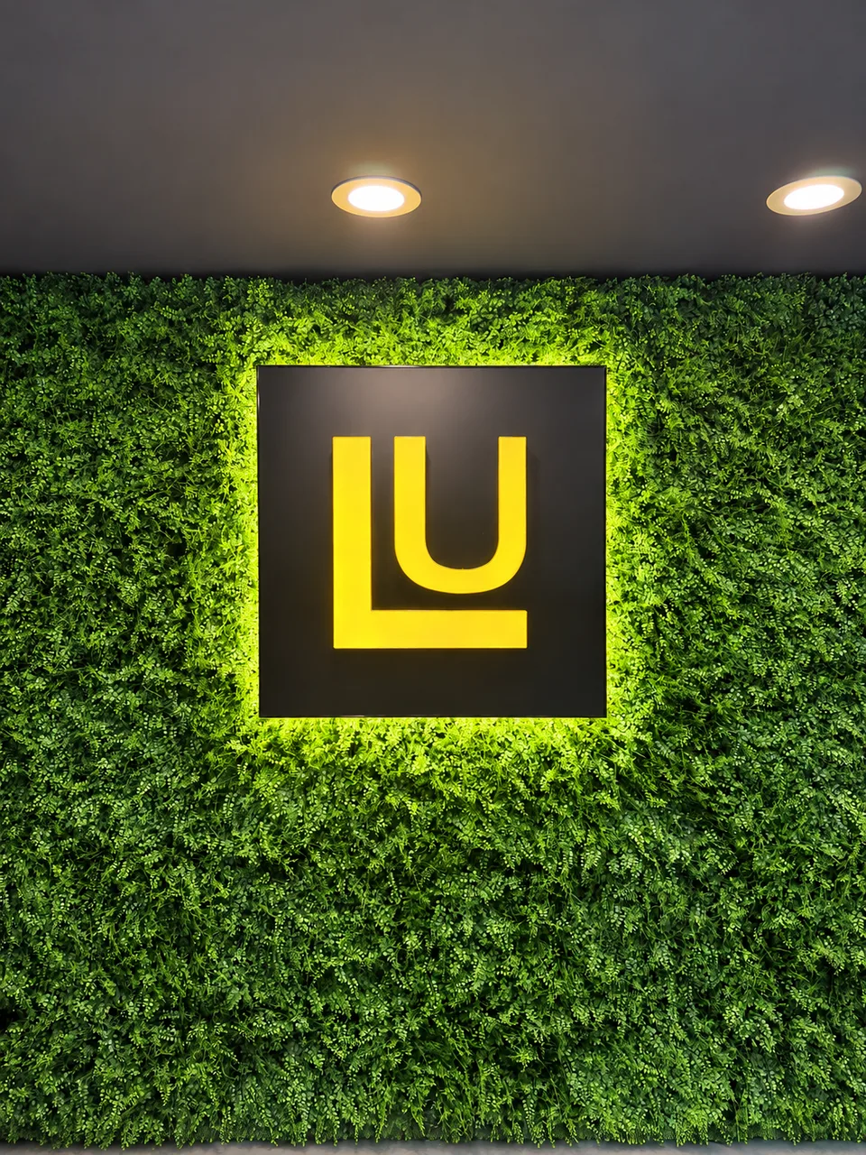 Lumina yellow logo on a black panel with halo lighting against a green wall