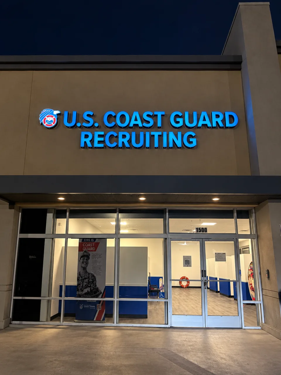 US Coast Guard Recruiting blue illuminated building letters