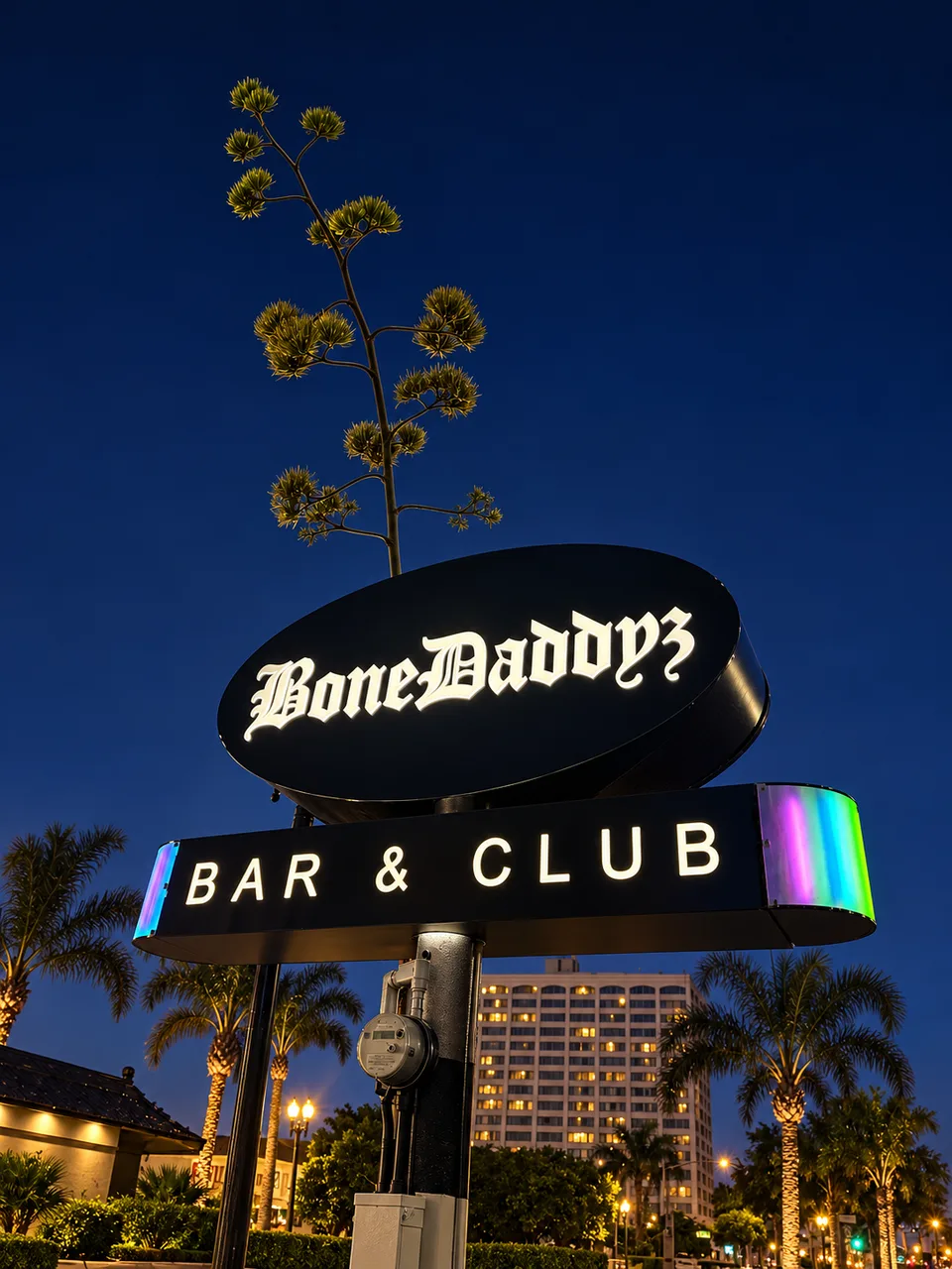 Bone Daddy'z illuminated pole sign with Bar and Club cabinet below