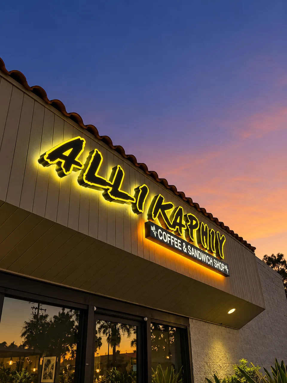 Alli Kaphiy yellow illuminated coffee shop lettering