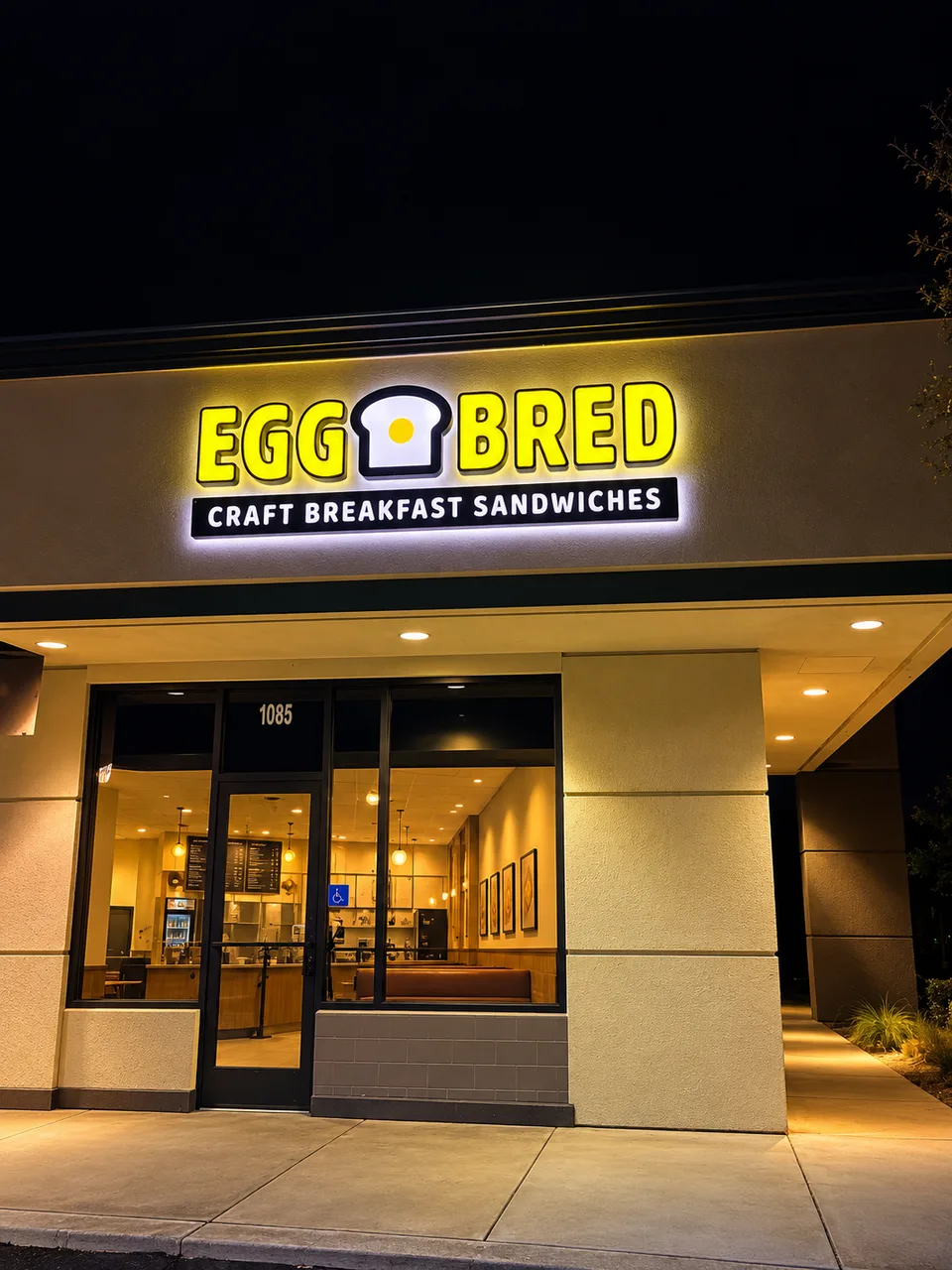 Egg Bred illuminated storefront sign and entrance