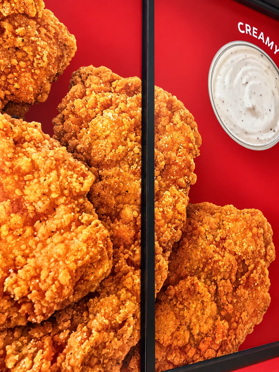 Full-color printed food photograph on glass panels