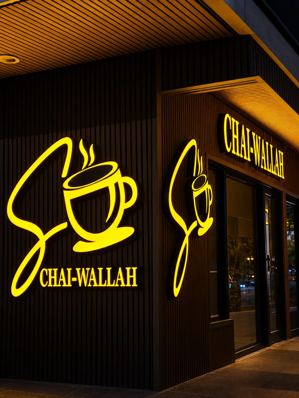 Chai-Wallah warm illuminated cup logos and storefront letters