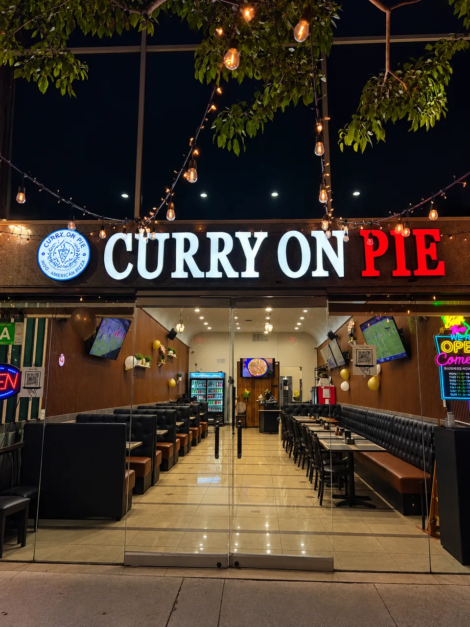 Curry On Pie red and white illuminated restaurant letters