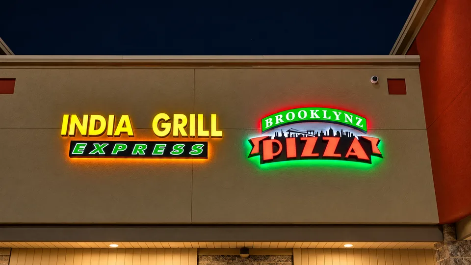 India Grill Express and Brooklynz Pizza colorful illuminated wall signs