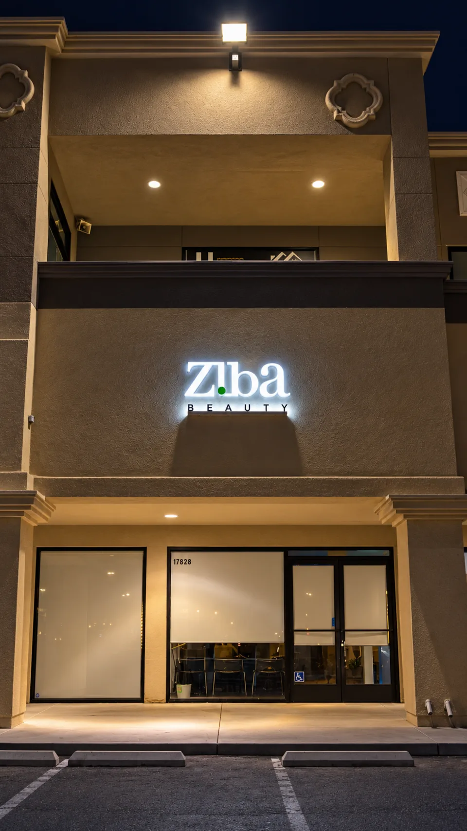 Ziba Beauty white illuminated storefront lettering