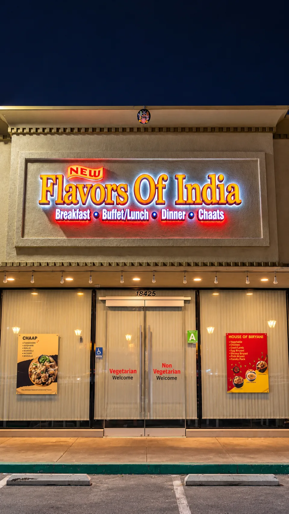 Flavors of India illuminated dimensional restaurant lettering